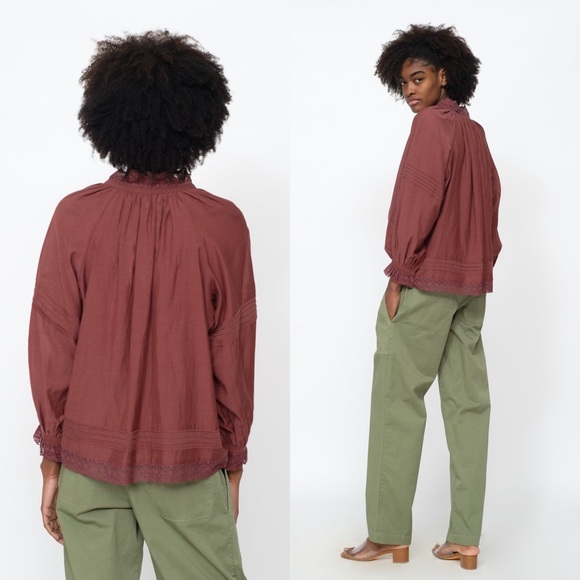 SEA NY Burgundy Cotton Lace Trim Puff Long Sleeve High Neck Oversized Top XS‎ - Picture 5 of 6